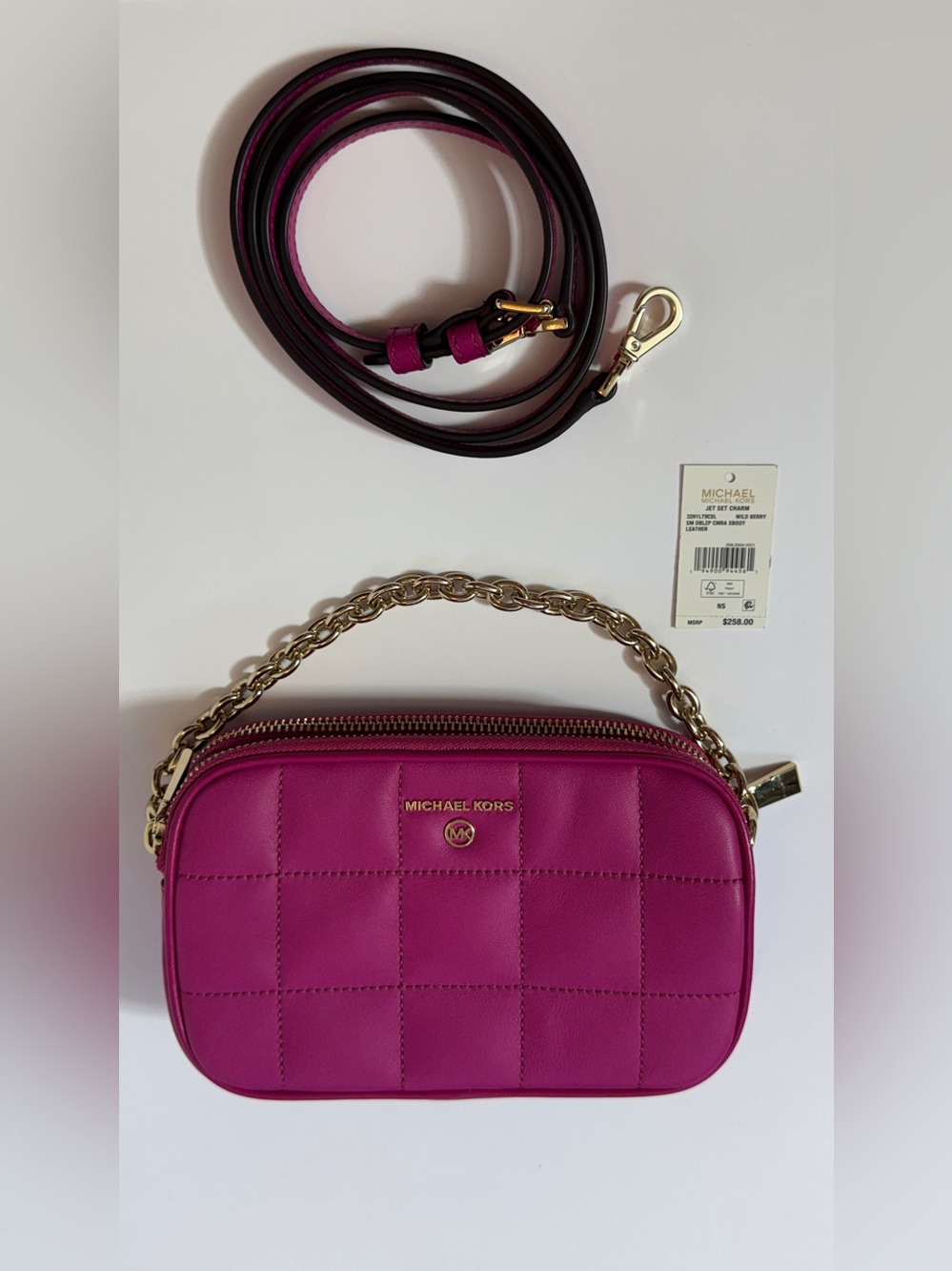 Michael Kors Quilted Crossbody in Fuchsia with Gold Chain